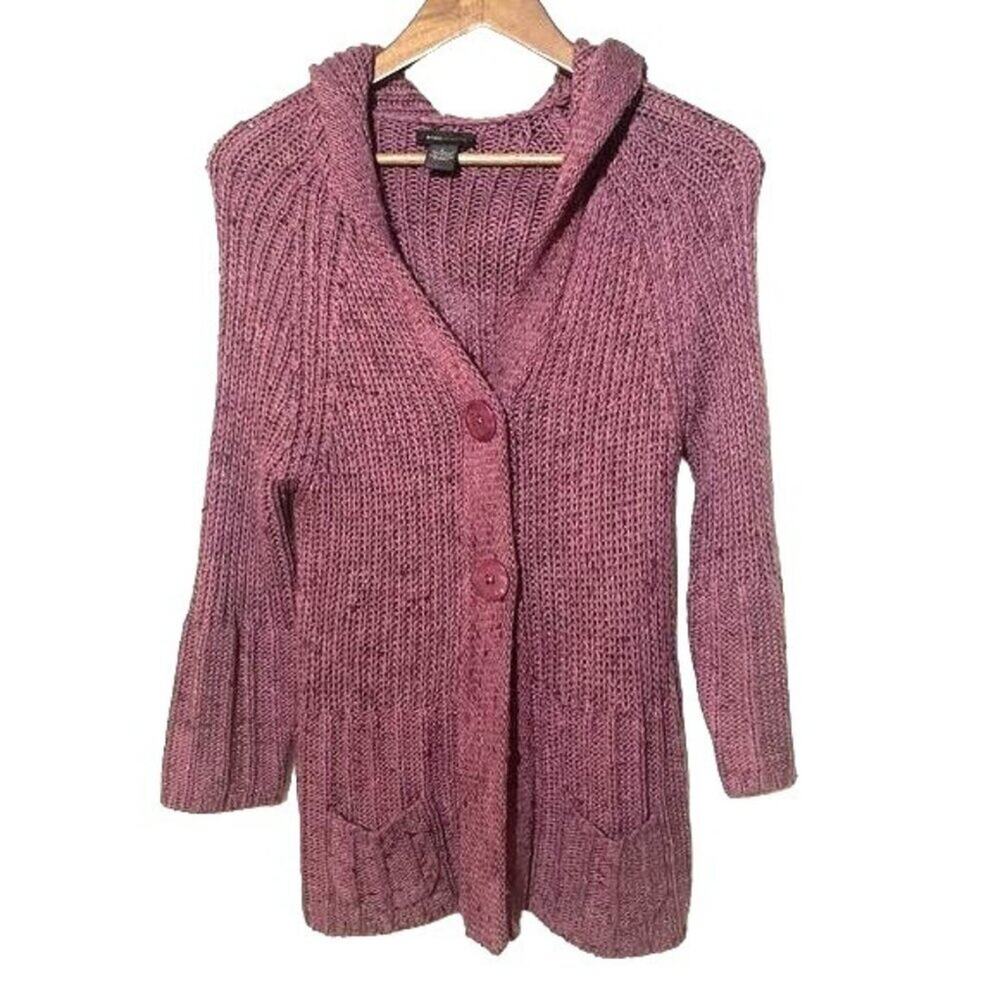 BCBG Maxazria Cardigan Womens Large Hood One Button Closure 3/4 Sleeve Purple